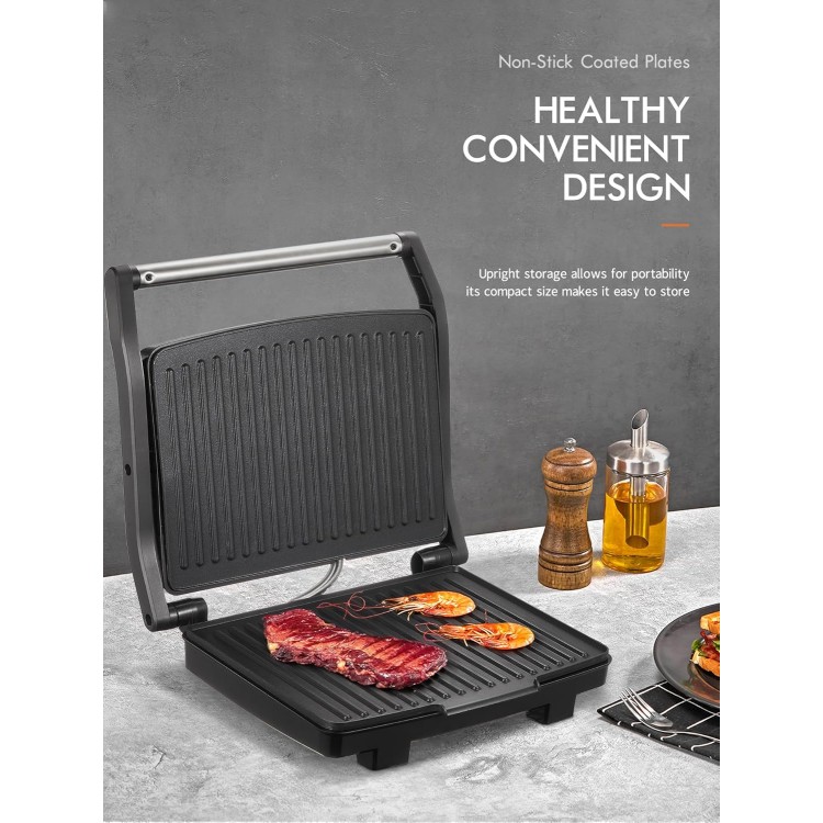 Yabano Panini Press Grill, Gourmet Sandwich Maker, Electric Indoor Grill with Non-Stick Cooking Plate and Removable Drip Tray, Easy to Clean, Stainless Steel