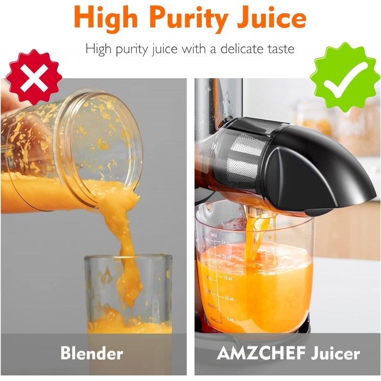 Masticating Juicer Machines, AMZCHEF Slow Cold Press Juicer with Reverse Function, High Juice Yield, Easy Clean with Brush,Recipes for High Nutrient Fruits and Vegetables, Gray(Updated)