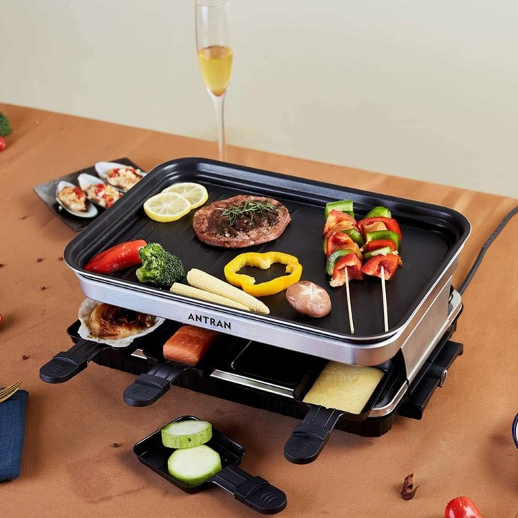 Indoor Grill Smokeless Korean BBQ Grill 2 IN 1 Griddle Electric Grill Raclette Table Grill Kitchen Appliances with 8 Mini Grill Cheese Pans Christmas Gift Removable Non-Stick Temperature Control,1500W