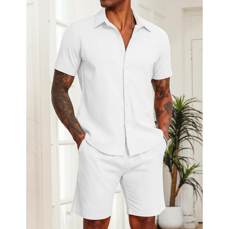 COOFANDY Men's 2 Pieces Cotton Linen Set Short Sleeve Button Down Shirts Summer Beach Shorts Casual Outfits