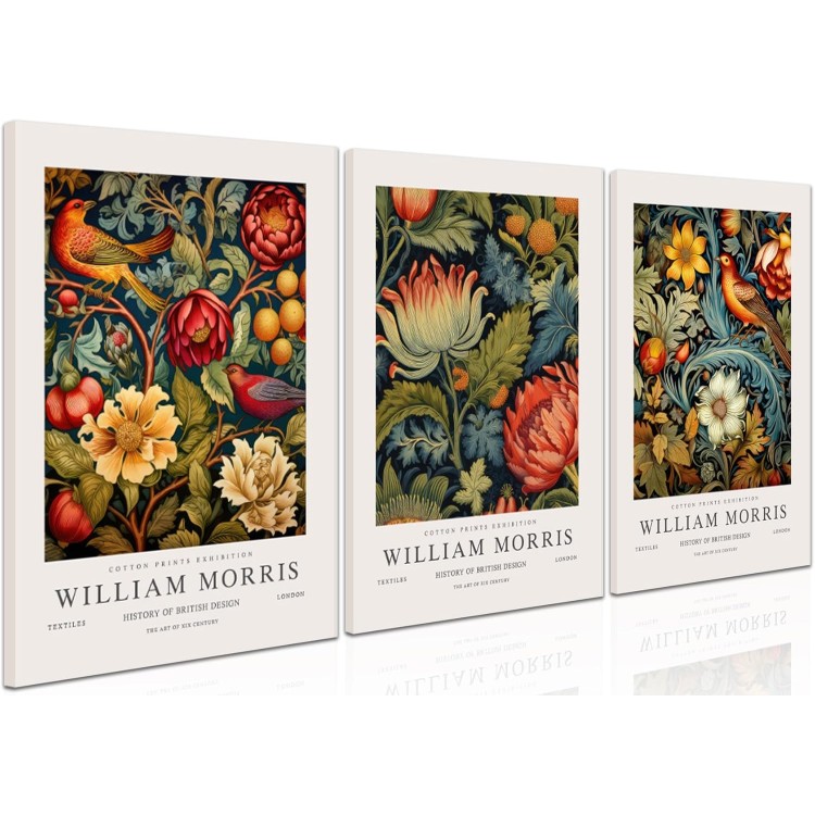 William Morris Canvas Wall Art Set of 3, Vintage Flower and Bird Animal Poster Print Wall Decor Aesthetic, Artist Canvas Painting Flower Wall Art for Bedroom Home Living Room Wall Decor - Framed