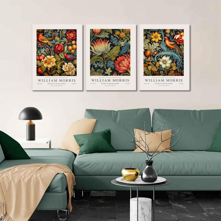 William Morris Canvas Wall Art Set of 3, Vintage Flower and Bird Animal Poster Print Wall Decor Aesthetic, Artist Canvas Painting Flower Wall Art for Bedroom Home Living Room Wall Decor - Framed