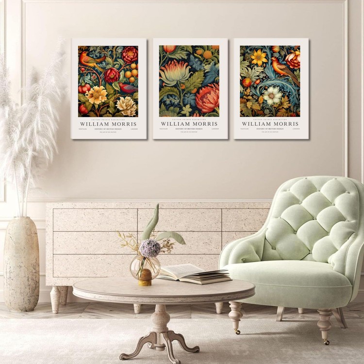 William Morris Canvas Wall Art Set of 3, Vintage Flower and Bird Animal Poster Print Wall Decor Aesthetic, Artist Canvas Painting Flower Wall Art for Bedroom Home Living Room Wall Decor - Framed