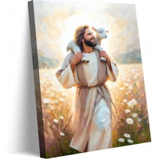 Jesus Carrying the Lamb big Canvas Wall Art Christian Religious Wall Decor picture Jesus With the Lamb Poster printed painting for Christian Church Home Bedroom living room Decor Ready to Hang 24x36in