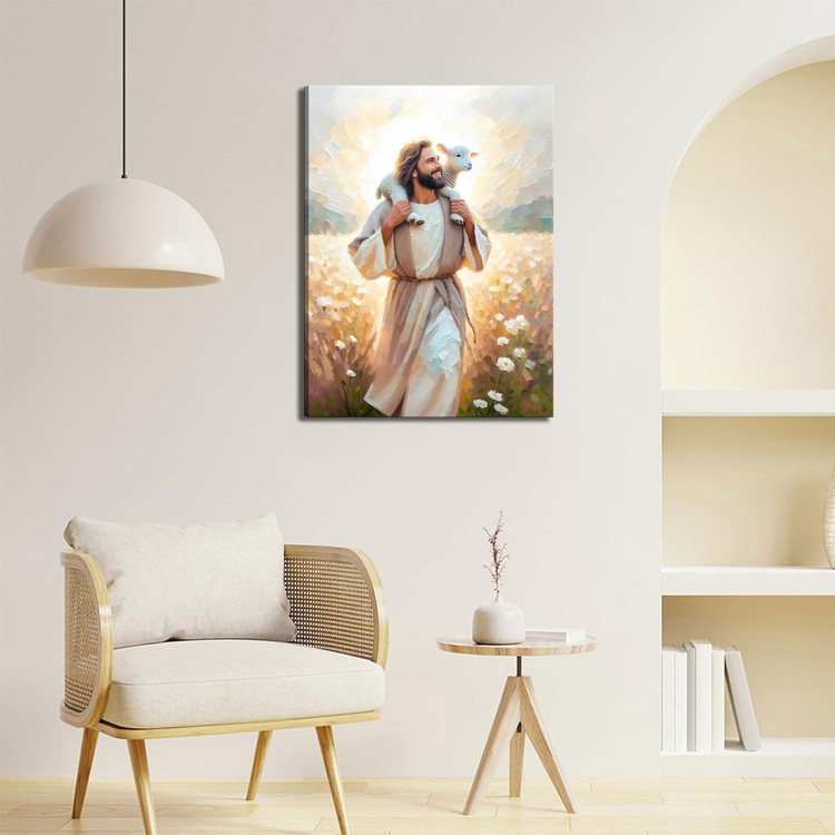 Jesus Carrying the Lamb big Canvas Wall Art Christian Religious Wall Decor picture Jesus With the Lamb Poster printed painting for Christian Church Home Bedroom living room Decor Ready to Hang 24x36in