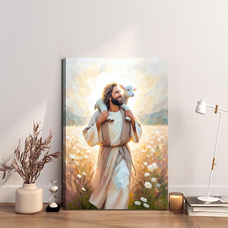 Jesus Carrying the Lamb big Canvas Wall Art Christian Religious Wall Decor picture Jesus With the Lamb Poster printed painting for Christian Church Home Bedroom living room Decor Ready to Hang 24x36in