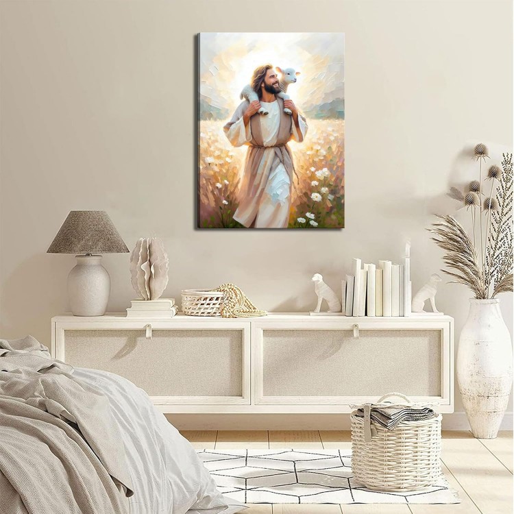 Jesus Carrying the Lamb big Canvas Wall Art Christian Religious Wall Decor picture Jesus With the Lamb Poster printed painting for Christian Church Home Bedroom living room Decor Ready to Hang 24x36in