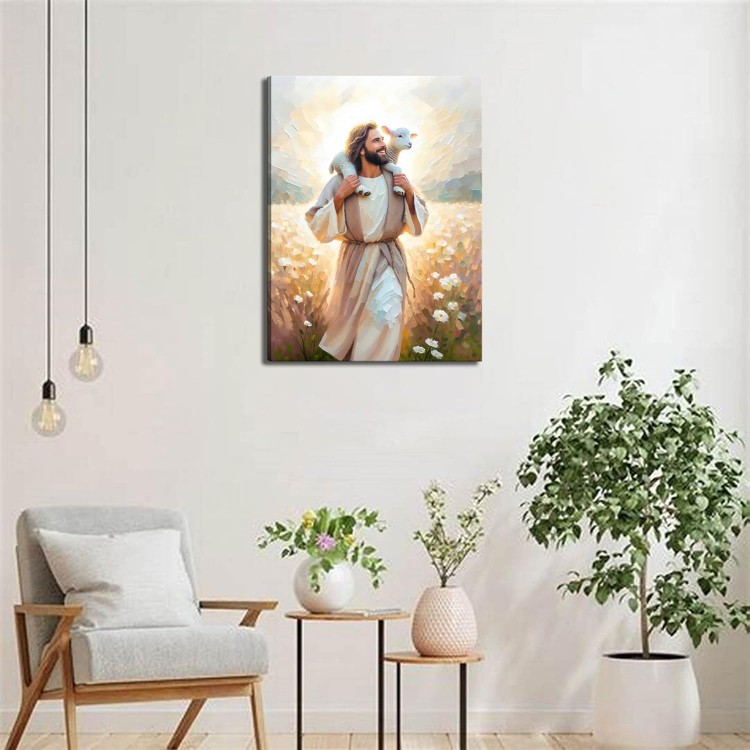 Jesus Carrying the Lamb big Canvas Wall Art Christian Religious Wall Decor picture Jesus With the Lamb Poster printed painting for Christian Church Home Bedroom living room Decor Ready to Hang 24x36in