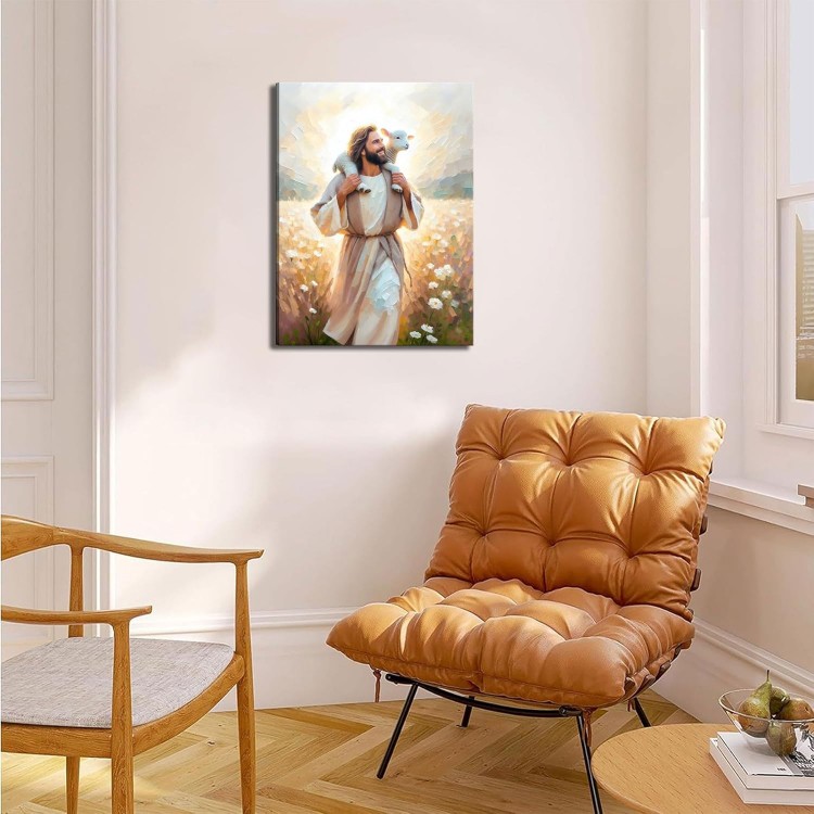 Jesus Carrying the Lamb big Canvas Wall Art Christian Religious Wall Decor picture Jesus With the Lamb Poster printed painting for Christian Church Home Bedroom living room Decor Ready to Hang 24x36in