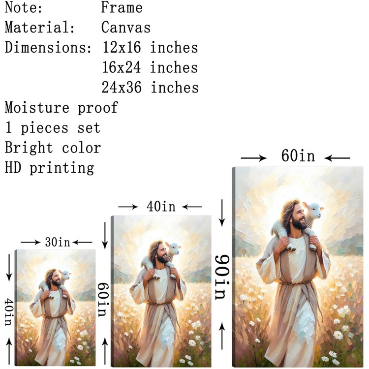 Jesus Carrying the Lamb big Canvas Wall Art Christian Religious Wall Decor picture Jesus With the Lamb Poster printed painting for Christian Church Home Bedroom living room Decor Ready to Hang 24x36in