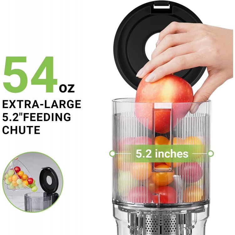 AMZCHEF Cold Press Juicer, Juicer Machines - 5.2 Large Feed Chute for Whole Fruits & Vegetables, Stainless Steel Slow Masticating Juicer Easy to Clean, Large Auger, Double Strainers, Silver