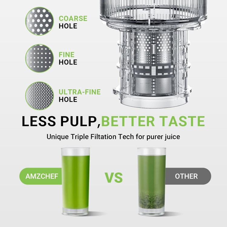 AMZCHEF Cold Press Juicer, Juicer Machines - 5.2 Large Feed Chute for Whole Fruits & Vegetables, Stainless Steel Slow Masticating Juicer Easy to Clean, Large Auger, Double Strainers, Silver