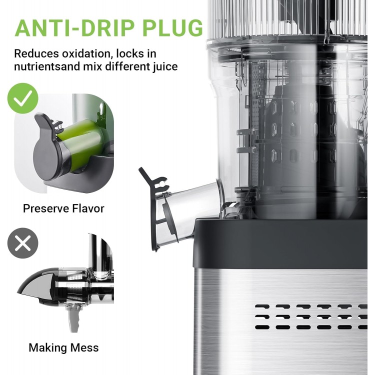 AMZCHEF Cold Press Juicer, Juicer Machines - 5.2 Large Feed Chute for Whole Fruits & Vegetables, Stainless Steel Slow Masticating Juicer Easy to Clean, Large Auger, Double Strainers, Silver