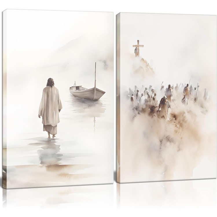 2Pcs Framed Jesus Wall Art Christian Bible Canvas Wall Decor God Poster Minimalist Boho Home Pictures Posters Prints Religious Paintings Room Bedroom Church Decorations Ready to Hang 16x24Inch