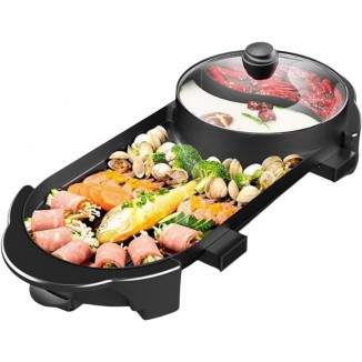 SEAAN Hot Pot with Grill, Korean BBQ Grill Indoor Hotpot Pot Electric Combo, Shabu Shabu Pot with Divider KBBQ Grill Smokeless Non-stick Separate Dual Temperature Control, for 2-12 People, 110V