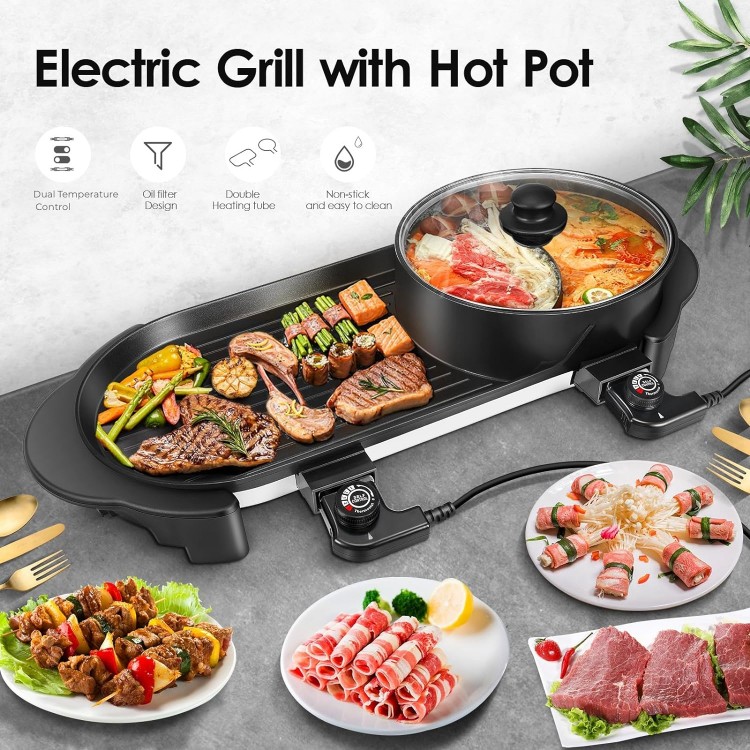 SEAAN Hot Pot with Grill, Korean BBQ Grill Indoor Hotpot Pot Electric Combo, Shabu Shabu Pot with Divider KBBQ Grill Smokeless Non-stick Separate Dual Temperature Control, for 2-12 People, 110V