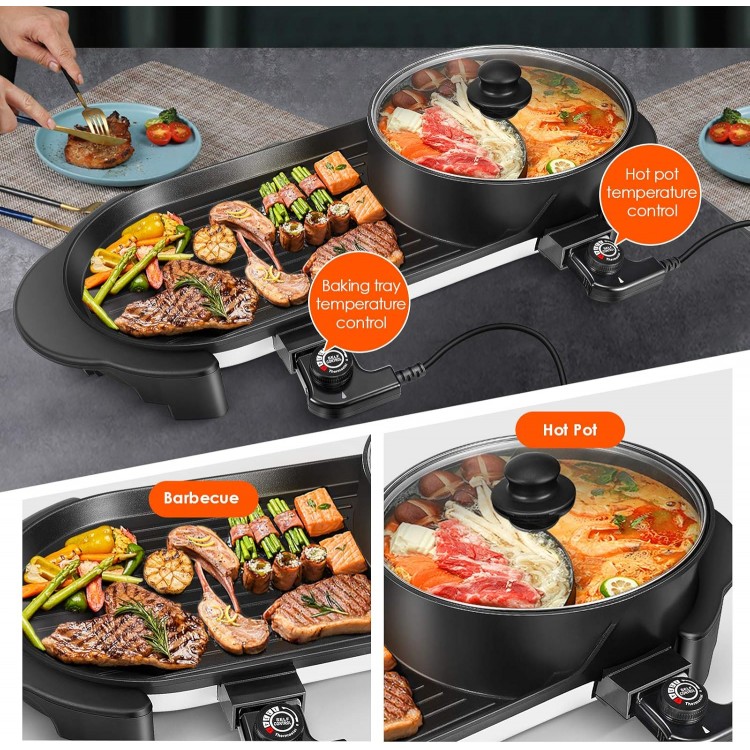 SEAAN Hot Pot with Grill, Korean BBQ Grill Indoor Hotpot Pot Electric Combo, Shabu Shabu Pot with Divider KBBQ Grill Smokeless Non-stick Separate Dual Temperature Control, for 2-12 People, 110V