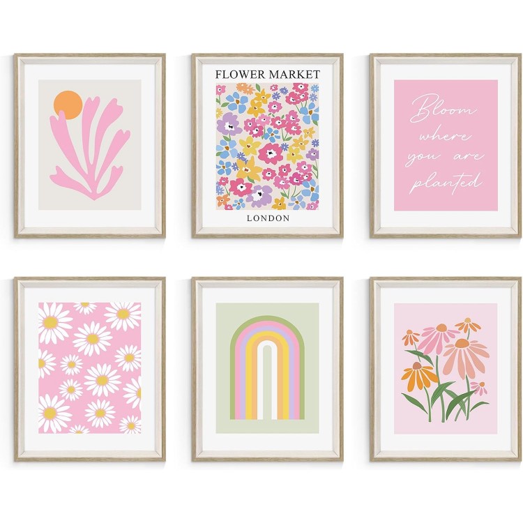 Habseligkeit Pink Danish Pastel Wall Art Prints, Boho Matisse Wall Art Exhibition Posters, Flower Market Posters for Room Decor Aesthetic Framed, 8x10in, Set of 6