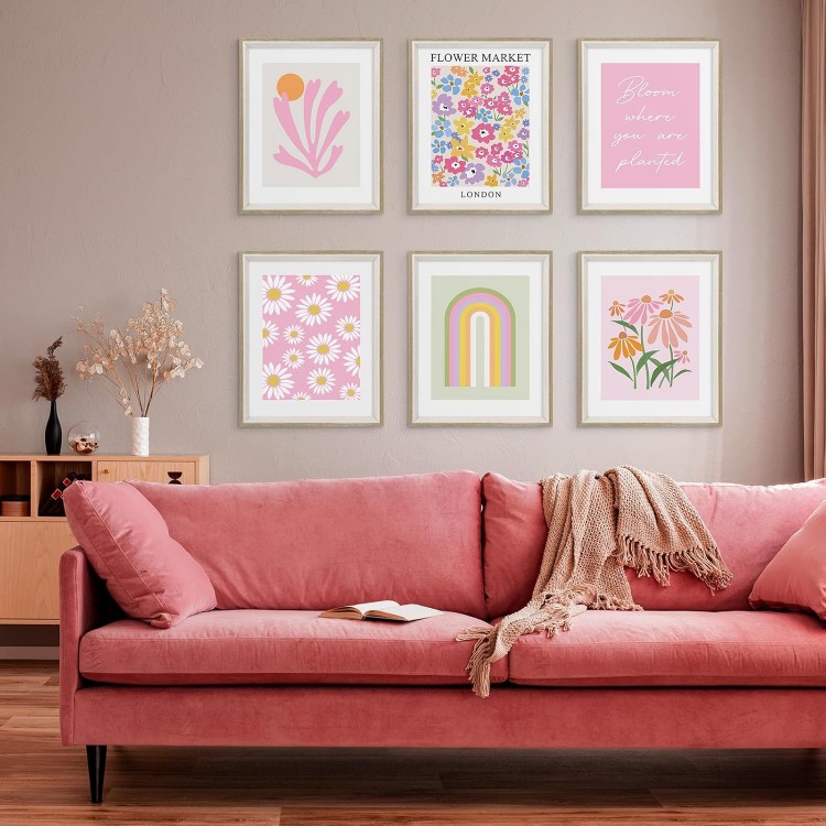 Habseligkeit Pink Danish Pastel Wall Art Prints, Boho Matisse Wall Art Exhibition Posters, Flower Market Posters for Room Decor Aesthetic Framed, 8x10in, Set of 6