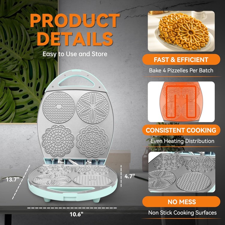 Baker's Friend Multi Pizzelle Maker Electric, Stroopwafel Iron, 4 x 4.5'' Pizzelle Waffle Cookies Maker with Temperature Control, Ideal for Holidays, Parties & More, Great Choice for Gift