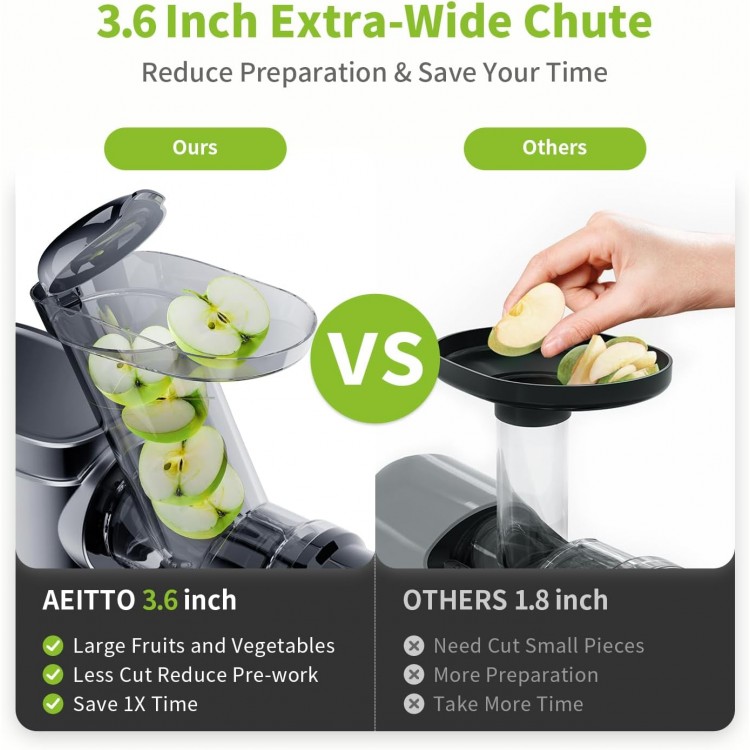 Aeitto Masticating Juicer with 3.6 Inch Wide Chute, 2-Speed Modes & Reverse Function, Juicer Machines with Brush Easy to Clean for Fruit and Vegetable (Black)