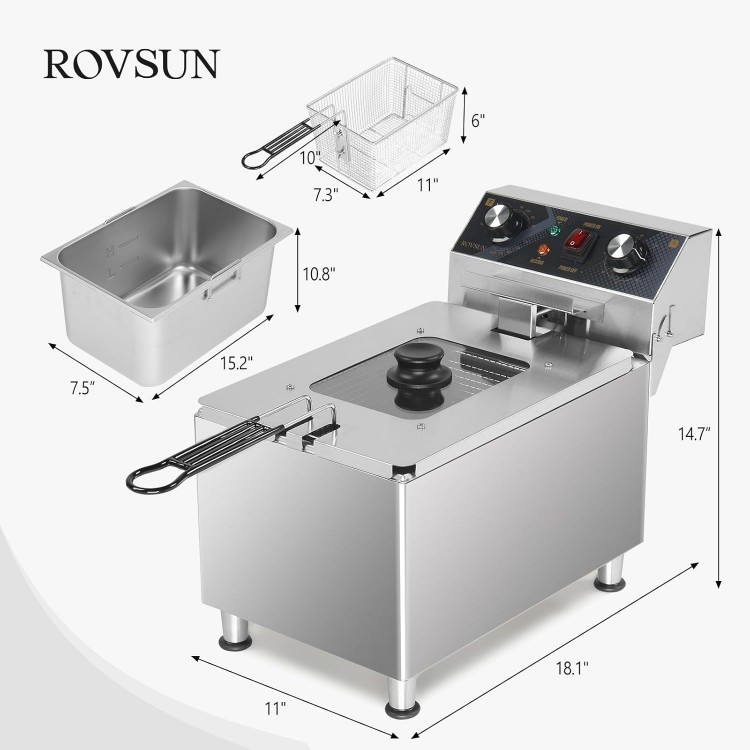 ROVSUN 18QT Electric Deep Fryer w/ 60-Min Timer, 3300W Single Tank Commercial Deep Fryer w/Overheat Protection, Temperature Control & Baskets, Stainless Steel Countertop Fryer for Home Restaurant 240V