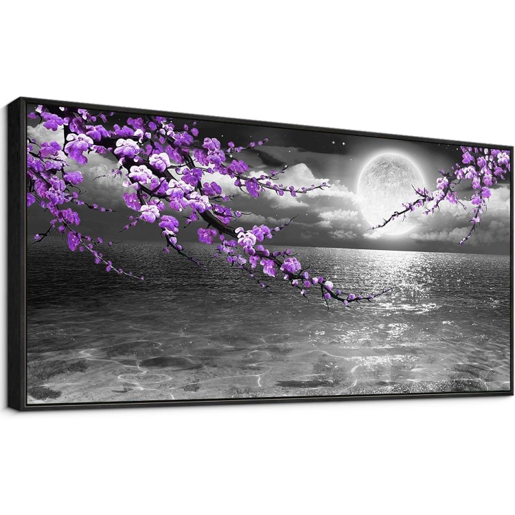 yiijeah Purple Wall Art - Black Frame Modern Hand-Painted Plum Blossom Picture Artwork for wall - Bedroom Art Framed Black and White Seascape Full Moon Purple Flower Painting Canvas Wall Decor