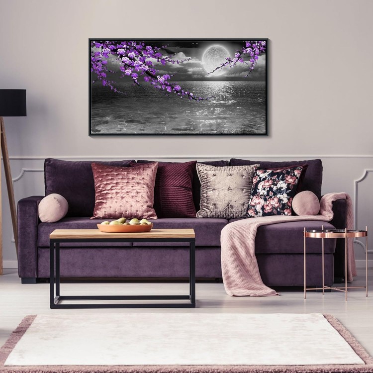 yiijeah Purple Wall Art - Black Frame Modern Hand-Painted Plum Blossom Picture Artwork for wall - Bedroom Art Framed Black and White Seascape Full Moon Purple Flower Painting Canvas Wall Decor