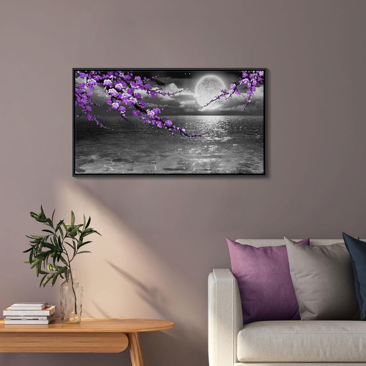 yiijeah Purple Wall Art - Black Frame Modern Hand-Painted Plum Blossom Picture Artwork for wall - Bedroom Art Framed Black and White Seascape Full Moon Purple Flower Painting Canvas Wall Decor