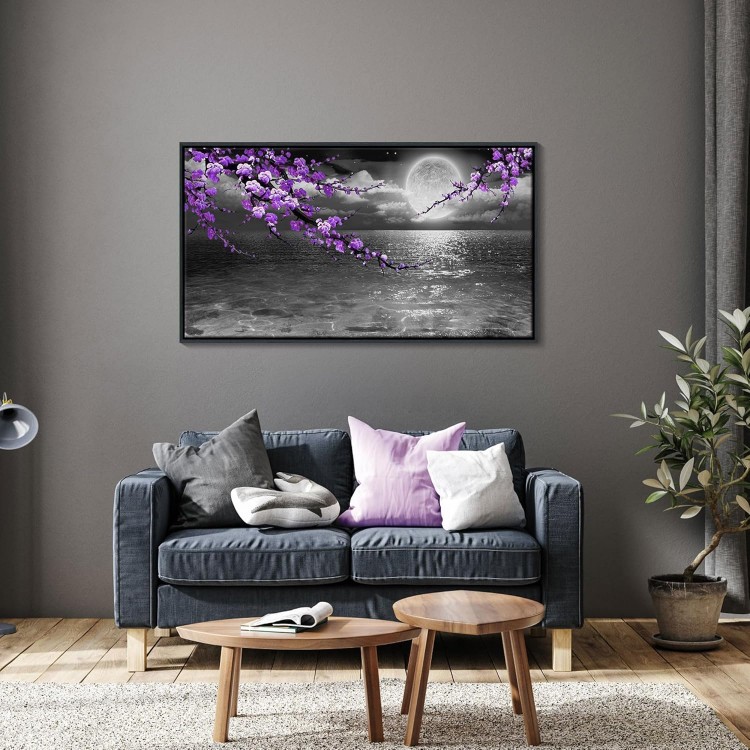 yiijeah Purple Wall Art - Black Frame Modern Hand-Painted Plum Blossom Picture Artwork for wall - Bedroom Art Framed Black and White Seascape Full Moon Purple Flower Painting Canvas Wall Decor