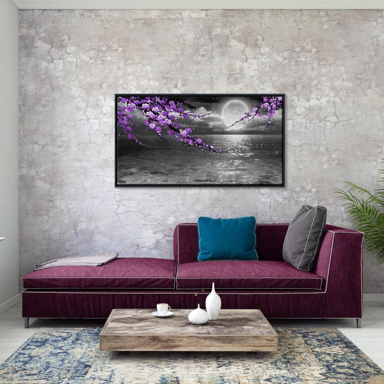 yiijeah Purple Wall Art - Black Frame Modern Hand-Painted Plum Blossom Picture Artwork for wall - Bedroom Art Framed Black and White Seascape Full Moon Purple Flower Painting Canvas Wall Decor