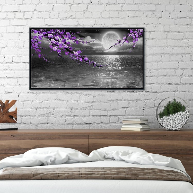 yiijeah Purple Wall Art - Black Frame Modern Hand-Painted Plum Blossom Picture Artwork for wall - Bedroom Art Framed Black and White Seascape Full Moon Purple Flower Painting Canvas Wall Decor