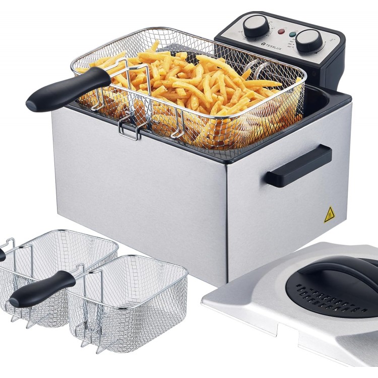 Electric Deep Fryer with Basket for Home Use, Lid with Viewing Window and Odorless Filter, Adjustable Temperature, 5.3 Quart, Stainless Steel