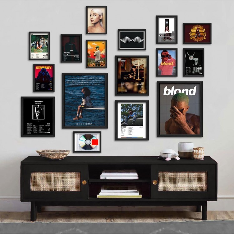 NXCX 16 PCS Framed Album Cover Posters, Gallery Wall Art Prints for Bedroom, Music Posters for Room Aesthetic, Wall Collage Kit Pictures for Living Room, Dorm Home Decor, Sza, Frank ocean, Drake