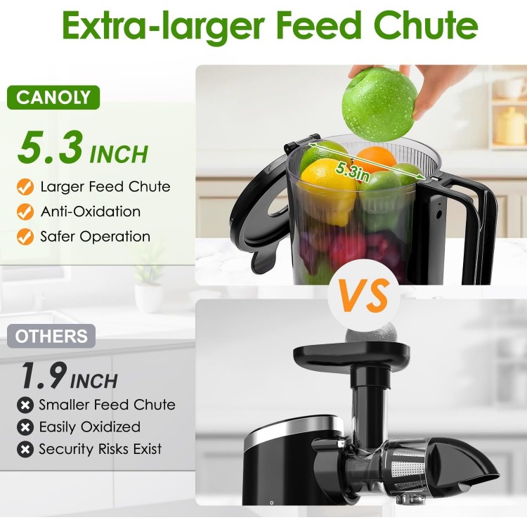 Masticating Juicer Machines, 5.3-inch Slow Cold Press Juicer with Larger Feed Chute, 350W Pure Juicer for Vegetables & Fruits, Easy to Clean