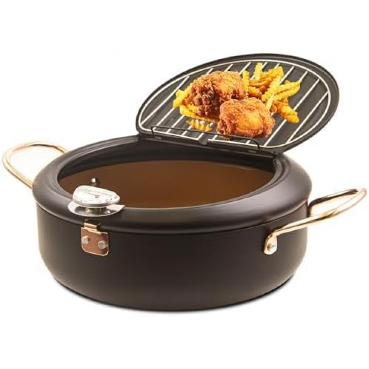 Deep Fryer Pot, 4.3L/11 Inch Japanese Tempura Frying Pot with Fahrenheit Thermometer, Nonstick Carbon Steel Oil Fryer, for Tempura/Frech/Fish/Chicken Fries, Easy Clean, Black