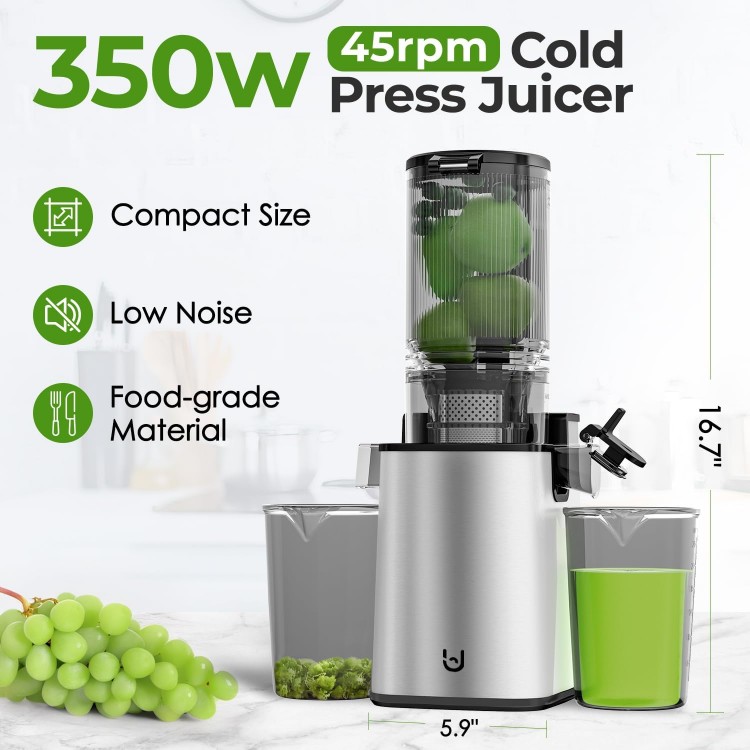 Masticating Juicer Machines, 350W Slow Cold Press Juicer with 5.3 Feeding Chute, High Juice Yield Juicer for Fruits and Vegetables, Easy to Clean