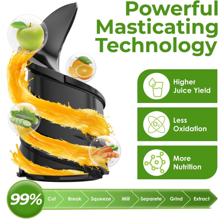 Masticating Juicer Machines, 350W Slow Cold Press Juicer with 5.3 Feeding Chute, High Juice Yield Juicer for Fruits and Vegetables, Easy to Clean