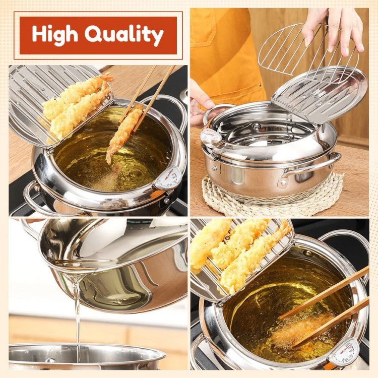 Stainless Steel Deep Fryer, 2025 New Japanese Deep Fryer Pot, Stainless Steel Deep Frying Pan with Lid, Temperature Control & Oil Drip Drainer Filter Rack for Kitchen Home Use (28cm/11in)