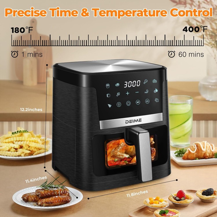 DEIME Air Fryer 7.5 QT 1700W Oilless Oven Healthy Cooker Air Fryers Large Capacity with 12 Presets, Visible Cooking Window, LCD Touch Screen, Customerizable Cooking, Non-Stick Basket (Black)