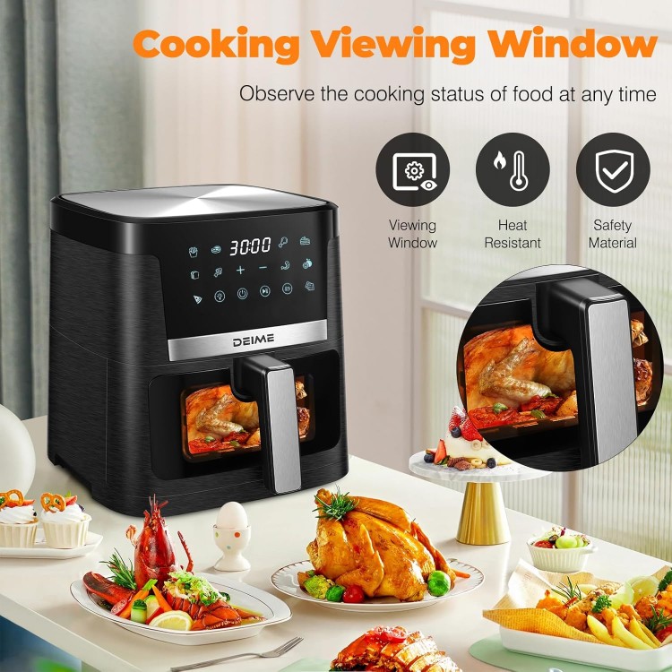 DEIME Air Fryer 7.5 QT 1700W Oilless Oven Healthy Cooker Air Fryers Large Capacity with 12 Presets, Visible Cooking Window, LCD Touch Screen, Customerizable Cooking, Non-Stick Basket (Black)