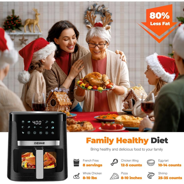 DEIME Air Fryer 7.5 QT 1700W Oilless Oven Healthy Cooker Air Fryers Large Capacity with 12 Presets, Visible Cooking Window, LCD Touch Screen, Customerizable Cooking, Non-Stick Basket (Black)