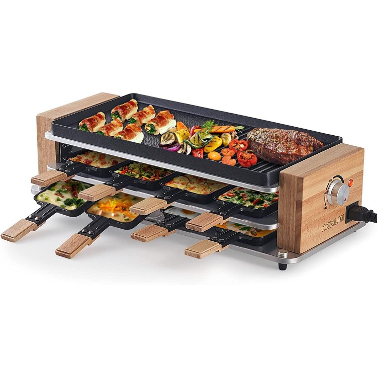 Raclette Table Grill, COKLAI Raclette Grill 8 Cheese Melter Pans 8 Spatulas Three-Tier Indoor Electric Grill, with Temperature Control and Removable Non-Stick Grillplate, Dishwasher Safe