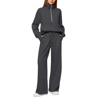 Women's 2 Piece Outfits Lounge Set 2024 Oversized Half Zip Sweatshirt Wide Leg Sweatpant Set Sweatsuit Tracksuit