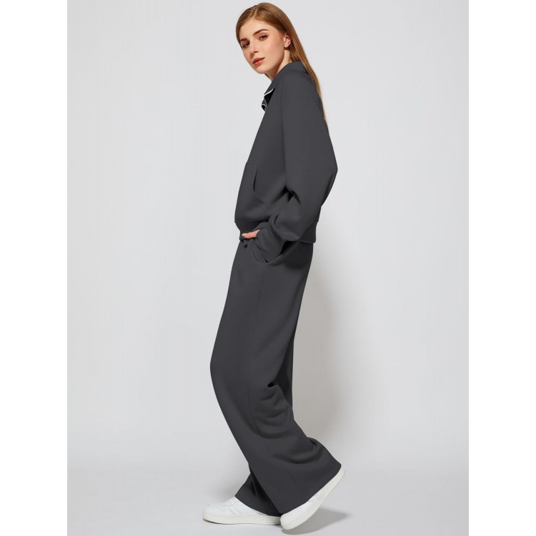 Women's 2 Piece Outfits Lounge Set 2024 Oversized Half Zip Sweatshirt Wide Leg Sweatpant Set Sweatsuit Tracksuit