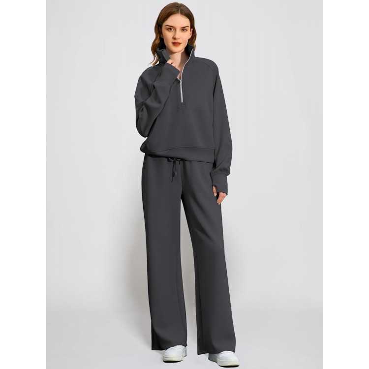 Women's 2 Piece Outfits Lounge Set 2024 Oversized Half Zip Sweatshirt Wide Leg Sweatpant Set Sweatsuit Tracksuit