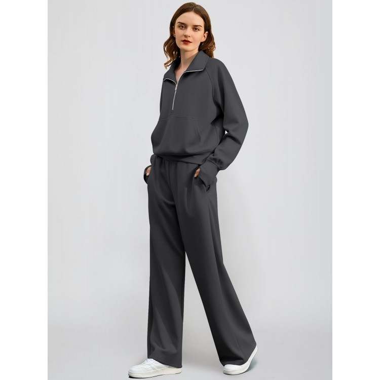 Women's 2 Piece Outfits Lounge Set 2024 Oversized Half Zip Sweatshirt Wide Leg Sweatpant Set Sweatsuit Tracksuit