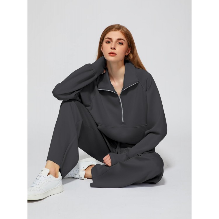 Women's 2 Piece Outfits Lounge Set 2024 Oversized Half Zip Sweatshirt Wide Leg Sweatpant Set Sweatsuit Tracksuit