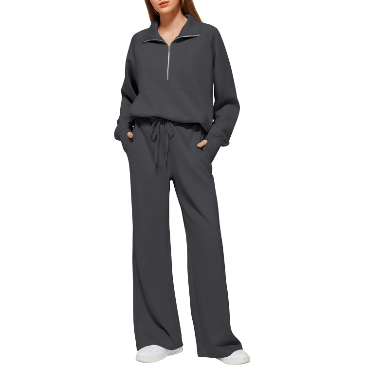 Women's 2 Piece Outfits Lounge Set 2024 Oversized Half Zip Sweatshirt Wide Leg Sweatpant Set Sweatsuit Tracksuit