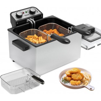 1800W 5 Liters/21 Cups Large Electric Deep Fryer with 3 Frying Baskets for Home Use, Adjustable Temperature,View Window Lid,Countertop Stainless Steel Body Deep Fryer Pot,Perfect for Kitchen, Fry Fish